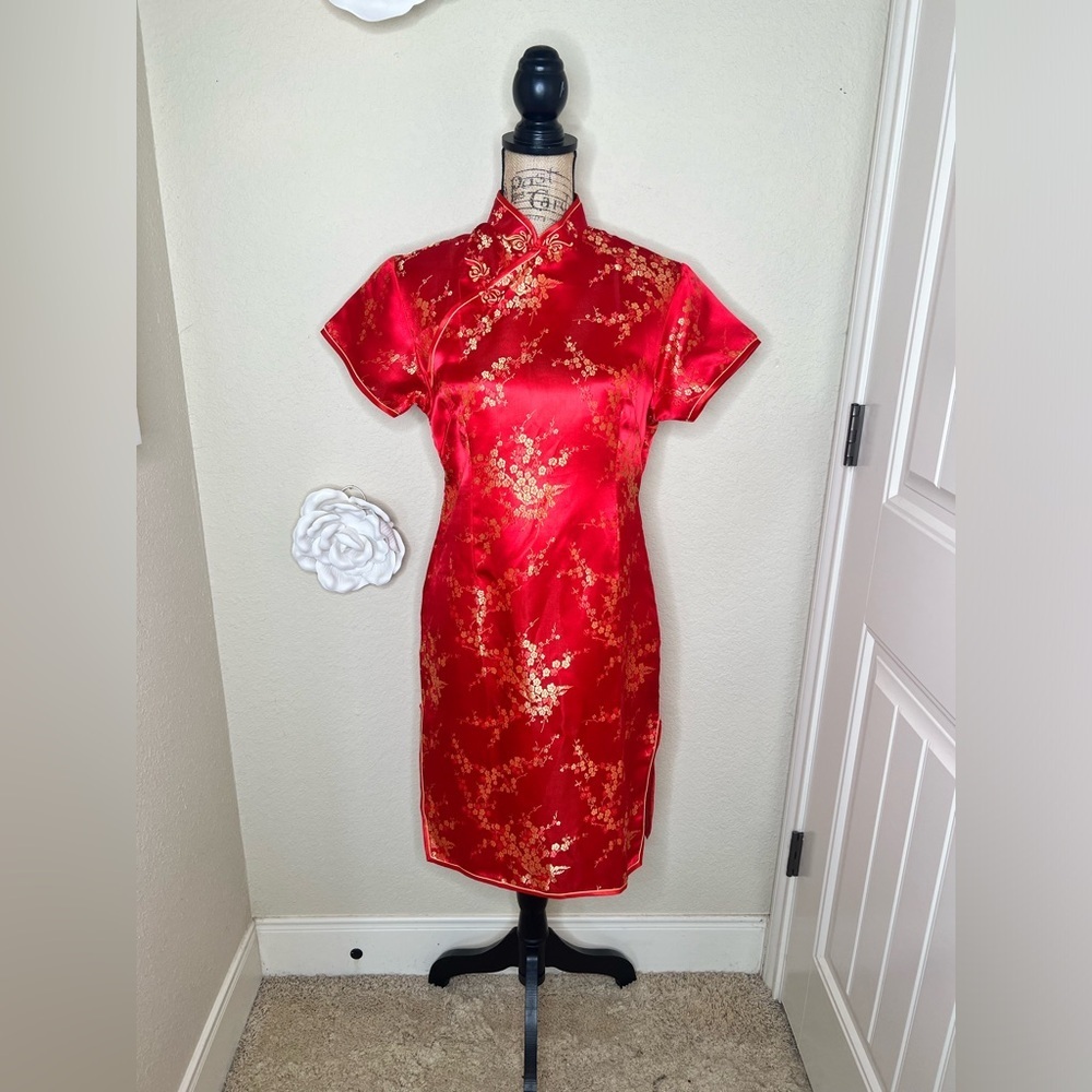 NTM: Vintage Golden Dragon Silk Red & Gold Floral Cheongsam Quito Dress Sz L